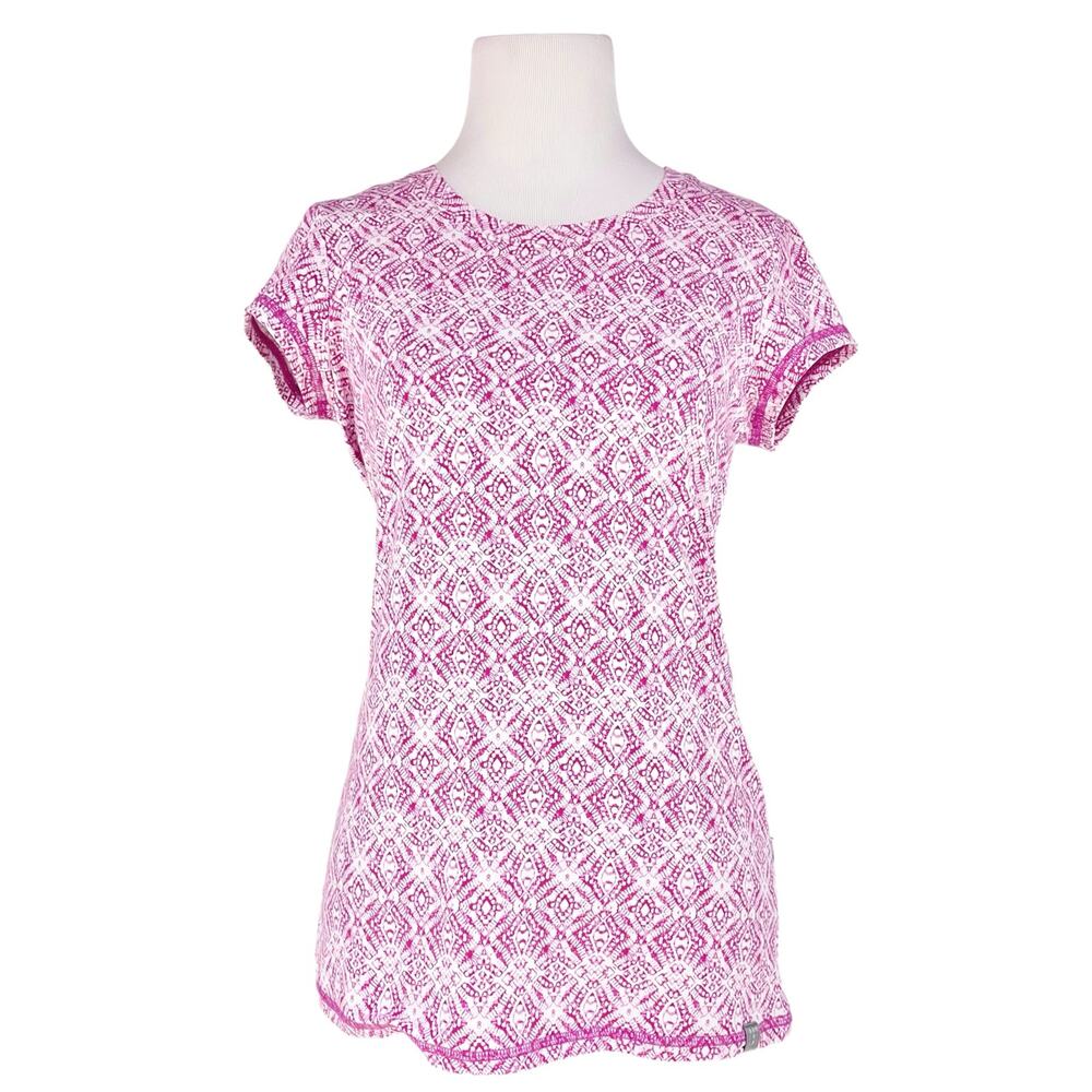 TITLE NINE Grace Short-Sleeve Ruched-Back Tee in White/Fuchsia Batik Size XS